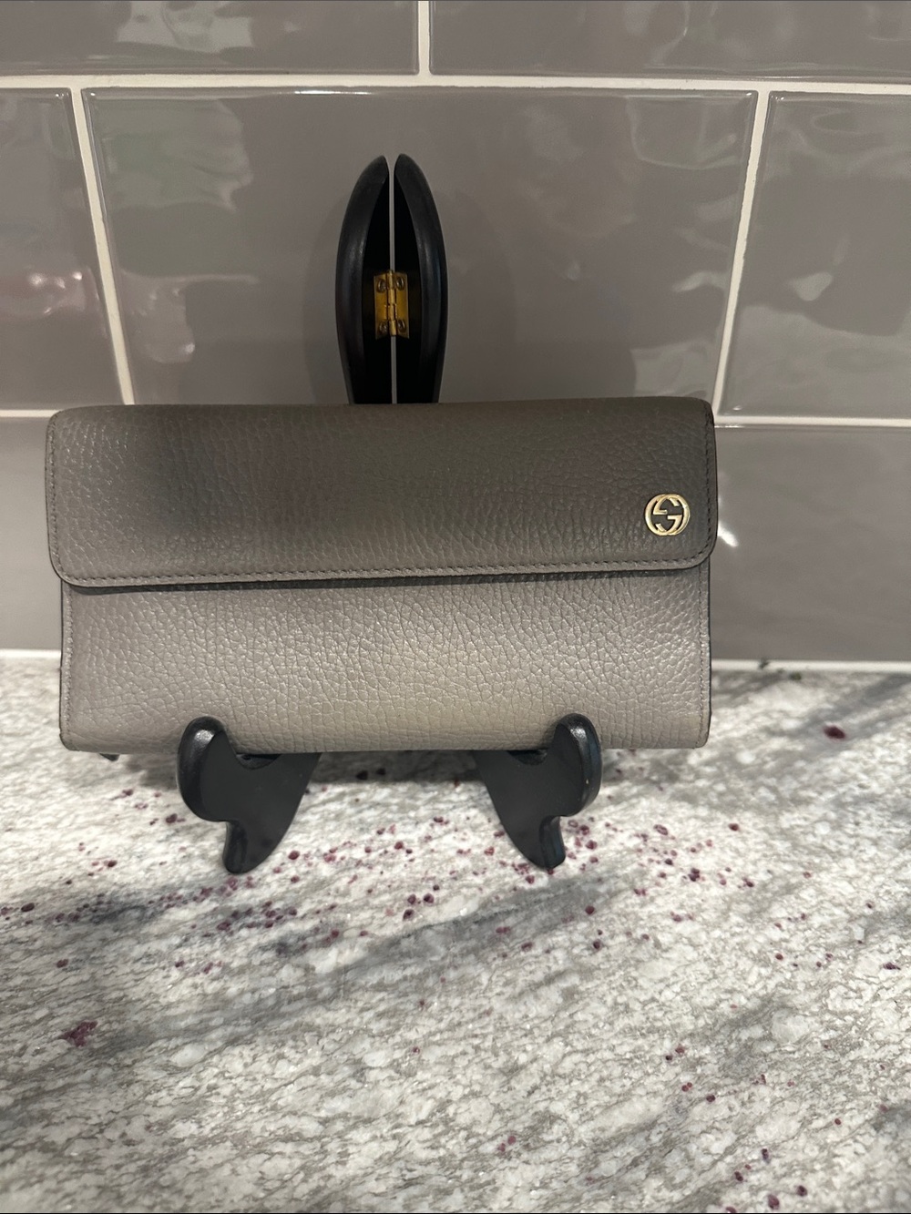 Gucci Gray  Pebbled Leather Wallet with Gold Logo